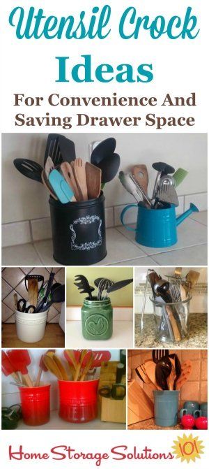 Utensil crock ideas for your kitchen, for your cooking convenience and to save drawer space {on Home Storage Solutions 101} Crock Ideas, Diy Utensil Holder, Kitchen Utensils Ideas, Cooking Utensil Storage, Baking Storage, Diy Utensils, Cooking Utensil Holder, Kitchen Utensil Storage, Kitchen Utensil Organization