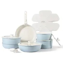 [Official] CAROTE 18pcs Removable Handle Cookware Set, Light Blue, Pots and Pans, Oven safe Kitchen Cookware Sets, Nonstick Cookware Sets, Pots And Pans Sets, Grayish Blue, White Granite, Silicone Lid, Nonstick Cookware, Cookware Sets, Kitchen Cookware