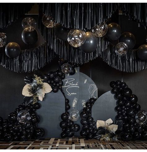 Disco Anniversary Party, Black Balloons Decorations, Black Balloon Decor, All Black Balloon Garland, All Black Sweet 16 Party Ideas, Black Balloon Arch, Black Party Decor, All Black Party Decorations, Adult Prom Party Ideas