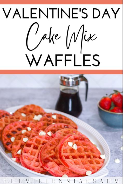 Strawberry Cake Mix Waffles, Cake Mix Waffles, Pancakes On A Stick, Cake Mix Pancakes, Valentines Breakfast, Strawberry Pancakes, Strawberry Waffles, Waffle Cake, Strawberry Cake Mix