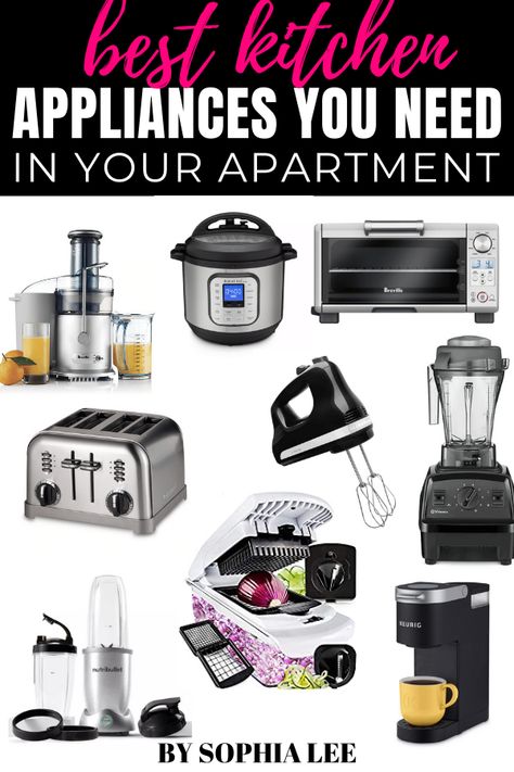 im moving into my first apartment next month and I've been trying to figure out what I need for my kitchen. this is such a good list of apartment kitchen appliances! so helpful List Of Kitchen Appliances, First Apartment Appliances, Home Neccesities List, Apartment Kitchen Appliances, College Apartment Checklist, House Necessities, Rental Hacks, College Apartment Bathroom, Apartment Appliances