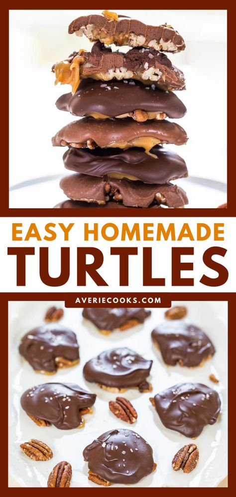 Pecan Turtles Recipe, Homemade Turtles, Turtle Recipe, Chocolate Turtle, Averie Cooks, Chocolate Turtles, Candy Recipes Homemade, Christmas Candy Recipes, Caramel Pecan