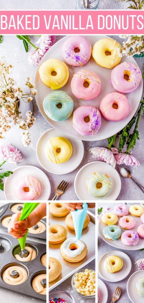 Baked Vanilla Donuts - Averie Cooks Donut Glaze Recipes, Silicone Molds Recipes, Baked Donuts Easy, Mini Donut Recipes, Donuts At Home, Tin Ideas, Donut Batter, Cake Donuts Recipe, Making Donuts