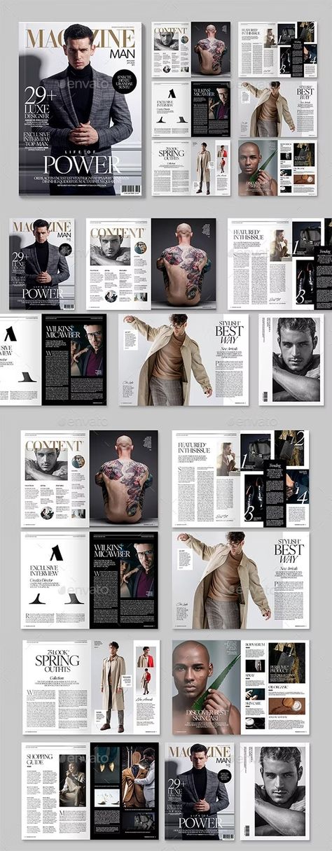 Men's Fashion Magazine Template, Print Templates | GraphicRiver Streetwear Magazine Layout, Movie Magazine Layout, Tabloid Layout, Layout Design Magazine, Fashion Magazine Layout Design, Magazine Page Design, Fashion Magazine Template, Magazine Page Layouts, Typography Magazine