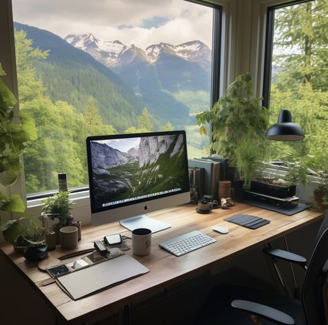 Dreamy Desk, Dream Workplace, Sauna Bathroom Design, Natural Artwork, Nature Room, Modern Home Offices, Cool Office Space, Green Office, Calming Sounds