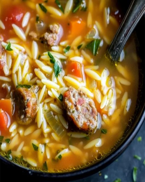 Italian Sausage Tomato Orzo Soup Recipe - Easy & Hearty Sicilian Sausage Soup, Italian Sausage Soup Recipes Healthy, Ground Turkey Orzo Soup, Italian Sausage And Orzo Soup, Italian Sausage Stew, Italian Sausage Orzo Soup, Sausage Orzo Soup, Tomato Orzo Soup, Nut Cheesecake