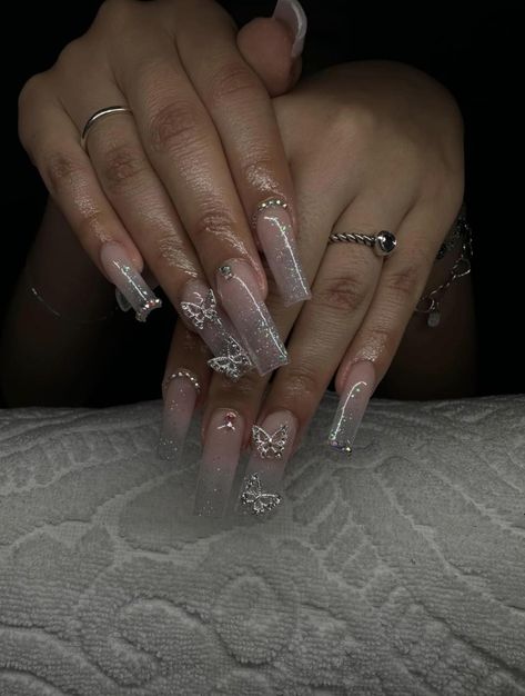 Nail Ideas Baddie, Butterflies Nails Acrylics, Clear Butterfly, Acrylic Toes, Butterfly Nails, Acrylic Toe Nails, Glass Nails, Glass Butterfly, Butterfly Nail