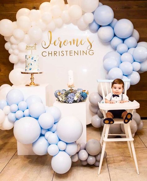 @balloons_worldwide on Instagram: “Jerome’s Christening Do you like it? Will you make it for your party ? Insp @balloons_worldwide 💙🥳 @thetreasureroom_ @mirrorhousehire…” Birthday And Dedication Decoration, Baby Dedication Decorations, Baby Boy Christening Theme, Christening Backdrop Boy, Simple Christening Decorations, Dedication Decorations Ideas, Baby Boy Dedication Party Ideas, Baptism Boy Theme, Christening Balloon Decorations