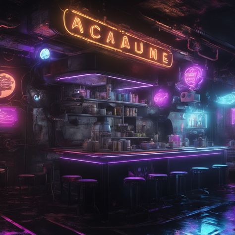 Sci Fi Bar, Cyberpunk Bar, Madison + Core + Aesthetic, Cyberpunk Bartender, Cowboys Bar, Music Bar, Artsy Ideas, Sci Fi Environment, Cyberpunk Anime