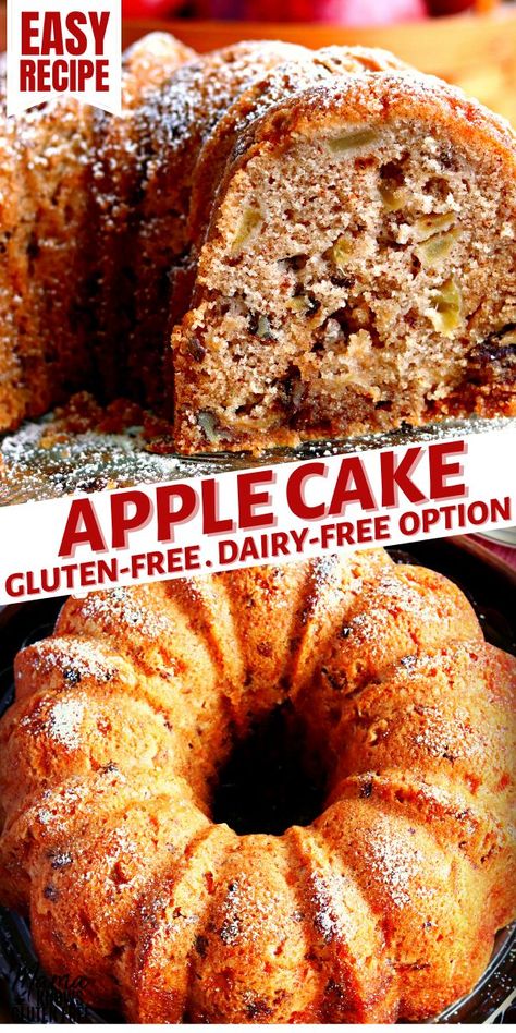 gluten-free apple cake and sliced gluten-free apple cake Apple Recipes Gluten Free, Apple Bundt Cake Recipe, Apple Dapple, Gluten Free Apple Recipes, Gluten Free Apple Cake, Apple Bundt Cake, Gluten Free Cake Recipe, Dessert Sans Gluten, Patisserie Sans Gluten