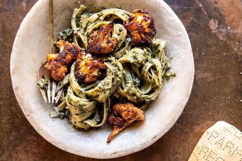 Cauliflower Pesto Pasta, Fall Pesto Pasta, Crispy Roasted Cauliflower, Creamy Pesto Pasta, Creamy Pesto, Half Baked, Good Eat, Low Carb Paleo, Think Food