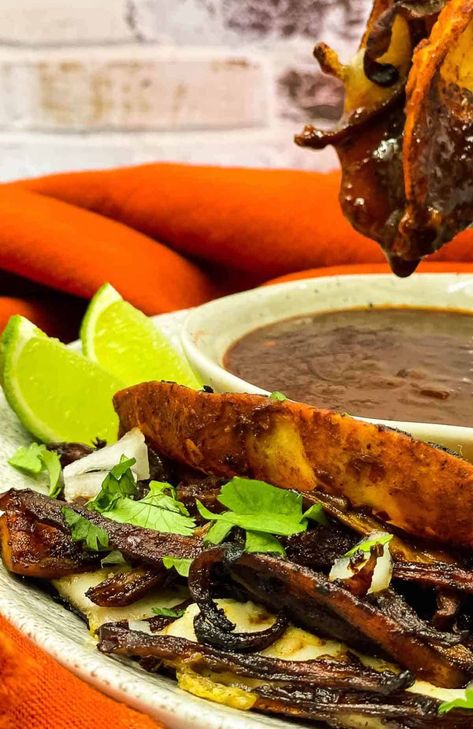 Vegan Birria Tacos (Quesabirria Tacos) Vegetarian Birria Tacos, Vegetarian Birria, Best Refried Beans Recipe, Birra Tacos, Vegan Birria Tacos, Meaty Mushrooms, Quesabirria Tacos, Homemade Refried Beans, Refried Beans Recipe