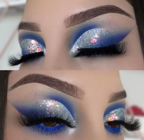 Eye makeup/ eye shadow looks/ blue Dance Eye Makeup, Black And Silver Eye Makeup, Silver Eye Makeup, Prom Eye Makeup, Bridal Eye Makeup, Dance Makeup, Eye Makeup Styles, Eye Makeup Pictures, Eye Makeup Steps