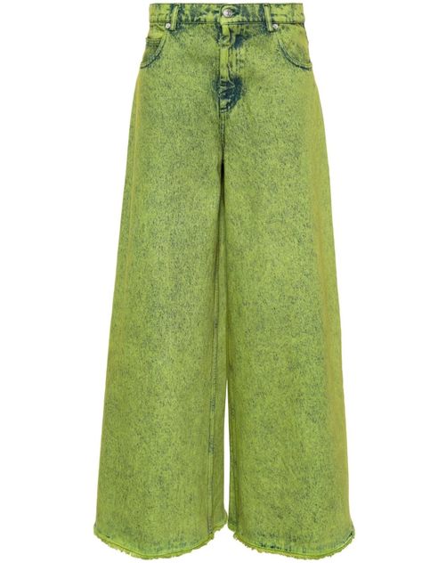 green cotton denim bleach wash garment dyed high-rise belt loops classic five pockets wide leg logo patch to the rear concealed fly and button fastening Nina Chuba, Denim Bleach, Complex Emotions, Dress Reference, Whoville Christmas, Green Belt, Green Jeans, Pink Jeans, Bleach Wash