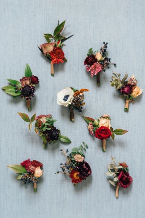 Fall boutonnieres by Wild Fleurette, Richmond, Charlottesville, Virginia and destination wedding florist, colorful flowers, burgundy, greenery, orange, gold, cream, black, Venue: Upper Shirley Vineyards, Planner: Kate Phillips Events, Act Photo, bold autumn flowers, Moody Fall Boutonniere, October Wedding Boutineers, Wedding Floral Boutonniere, Small Bridesmaid Bouquet Simple Fall, Fall Boutonniere Burgundy, Fall Wedding Flowers Boutonniere, Autumn Wedding Boutonniere, Autumnal Boutonniere, Groom Boutonniere Burgundy