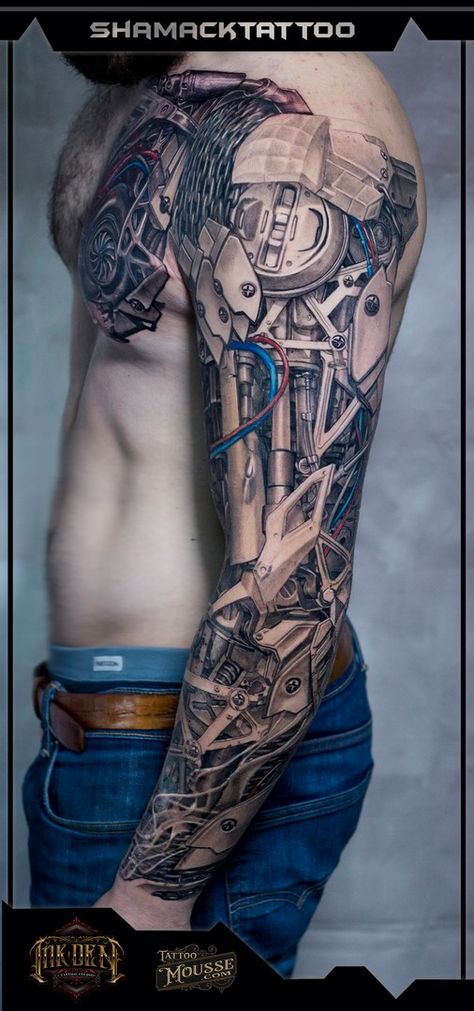 SLEEVE BIOMECHANICAL full sleeve black and grey with colour cables side tattoo Done at Inkden Tattoo Studio Bionic Tattoos For Men, Steampunk Leg Tattoo, Blueprint Tattoo Technical Drawings, Petrolhead Tattoo, Biomechanical Tattoo Sleeve, Steampunk Tattoo Sleeve, Mechanical Tattoo Design, Bionic Tattoo, Full Sleeve Tattoos Ideas