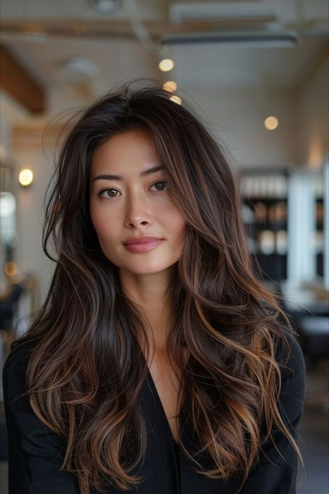 Long hair with rich-toned layers adding depth and elegance Rambut Brunette, Brown Hair Looks, Brunette Hair With Highlights, Haircuts For Long Hair, Summer Hair Color, Hair Color Balayage, Hair Inspo Color, American Beauty, Hair Color Trends