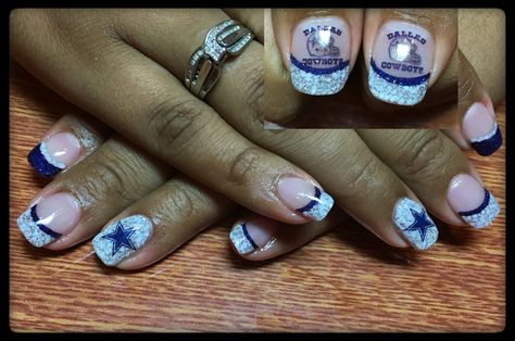 Dallas Cowboys Nails Acrylics, Dallas Cowboys Nail Designs, Cowboys Nails, Dallas Cowboys Nails, Biab Nail, Cowboy Nails, Oval Nails, Pedicures, Nails Ideas