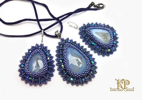 Bead embroidery jewelry set with blue lace agate. Made by Katrin Põdra. Bead Embroidery Jewelry, Embroidery Jewelry, Blue Lace Agate, Embroidery Inspiration, Bead Embroidery, Lace Agate, Estonia, Blue Lace, Beaded Embroidery