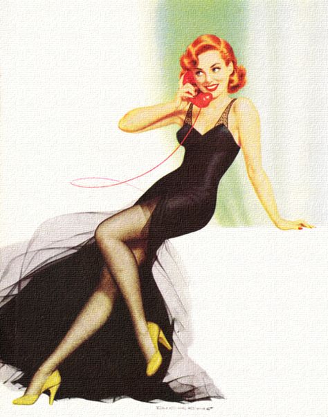 rogerwilkerson:    Redhead on the Red Phone Robert Hawkins, Red Head Pinup, Redhead Pinup Tattoo, Redhead Artwork, Redhead Vintage Art, Pin Up Girls Vintage Retro Illustration, Slinky Black Dress, Roger Wilkerson, Key To Happiness