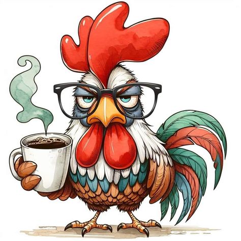 Rooster Funny, Cartoon Rooster, Holding Coffee, Chicken Signs, Cartoon Character Tattoos, Funny Caricatures, Family Systems, Human Drawing, Meaningful Drawings