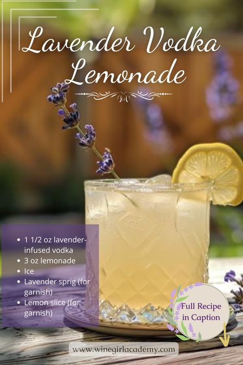 Quench your thirst with this delightful cocktail filled with floral notes of lavender-infused vodka with the tangy sweetness of fresh lemonade. Perfect for sunny days and outdoor gatherings.  1 1/2 oz lavender-infused vodka 3 oz fresh lemonade Ice cubes Lemon slices and lavender sprigs, for garnishFill a glass with ice cubes. Pour vodka over the ice. Add fresh lemonade, stirring gently to combine. Garnish with lemon slices and lavender sprigs. Sip and enjoy! Read the blog for more inspiration.⭐️ Lavender Vodka Lemonade, Lavender Moscow Mule, Lavender Cordial, Lavender Lemonade Cocktail, Lavender Vodka, Infuse Vodka, Wine Slushie Recipe, Spring Flavors, Refreshing Recipes