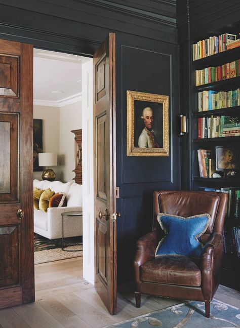 Dark Painted Studies, Dark Leather Chair, Black Blue Farrow And Ball, Library Room Black, Dark Blue Study, Black Blue, Moody Study Interior Design, Dark Wood Library Room, Dark Study