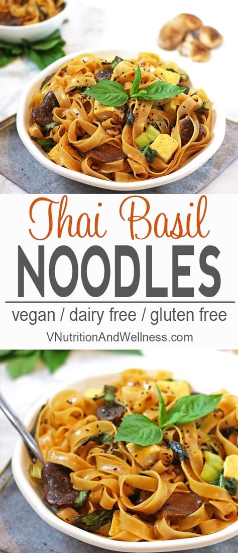 Thai Basil Noodles, Basil Noodles, Thai Recipes Noodles, Vegan Noodles, Pastas Recipes, Gluten Free Noodles, Basil Recipes, Vegan Asian, Thai Basil