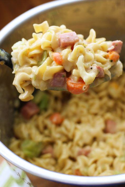 Pennsylvania Casserole--creamy noodles with cubes of ham, vegetables and cheese. Make it fast in your Instant Pot! Cubed Ham Crockpot Recipes, Slow Cooker Pudding Recipes, Ham Casseroles, Instant Pot Ham Recipe, Recipes With Cooked Ham, Creamy Noodles, Cubed Ham, Easy Goulash, Ham Casserole Recipes