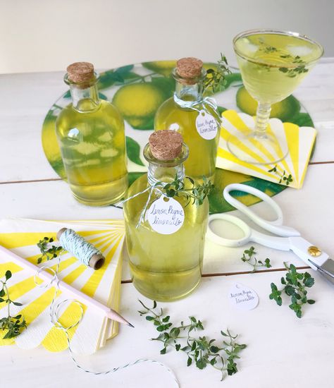 Limoncello Gift, Botanical Drinks, Homemade Hostess Gifts, Thyme Simple Syrup, Limoncello Recipe, Mason Jar Gift, Homemade Limoncello, Lemon Thyme, Mason Jar Gifts