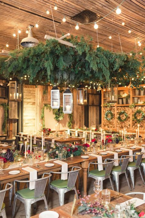 A Luxe-Meets-Rustic Christmas-Themed Wedding at Terrain at Styers in Glen Mills, Pennsylvania Terrain Wedding Glen Mills, Floating Tea Candles, Winter Wonderland Wedding Centerpieces, Evergreen Centerpiece, Centerpiece With Greenery, Mercury Glass Centerpiece, Terrain Wedding, Christmas Wedding Centerpieces, Floral Wedding Decor