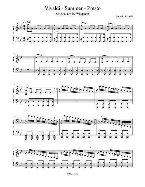 Print and download in PDF or MIDI Vivaldi - Summer - Presto. Orriginal arr. by WhyPiano --> https://musescore.com/user/22928/scores/45159 I just rewrote it so it would be easier to read and play. I take no credit. Summer Vivaldi Violin Sheet Music, Vivaldi Summer, Piano Vibes, Piano Songs Sheet Music, Antonio Vivaldi, Music Tabs, Song Sheet, Violin Sheet, Violin Sheet Music