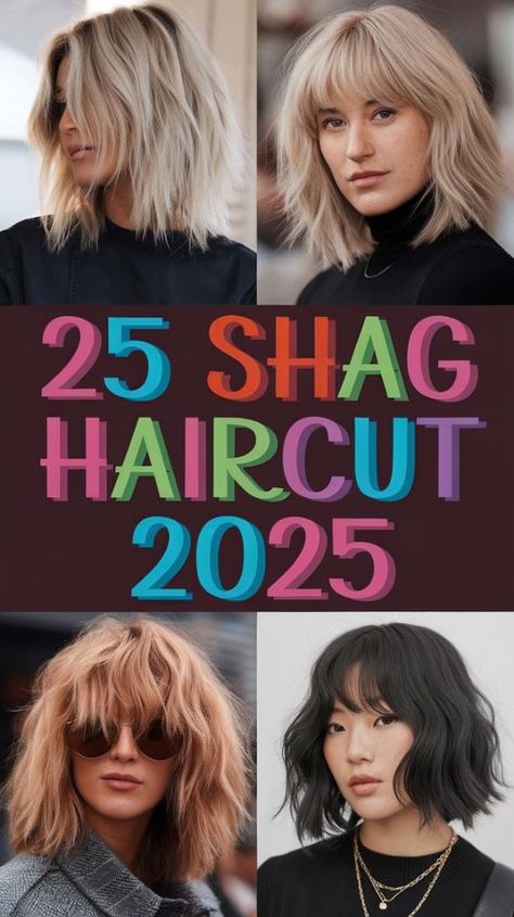 The modern shag haircut in 2025 is all about texture, layers, and volume, perfect for creating an effortlessly cool look on medium-length hair. Ideal for both straight and wavy hair, this style incorporates soft, wispy bangs and choppy layers, adding movement and body. Perfect for women with naturally wavy or curly hair, this shag cut brings a touch of the 70s and 80s into a contemporary look that’s both easy to maintain and versatile. Soft Shag Medium Hair, Chunky Medium Haircut, Shag Bob With Bangs Thick Hair, Shag Type Haircuts, 70 Shag Hairstyles Medium, Collar Bone Length Shag Haircut, Middle Age Shag Haircut, Shag Hairstyles Short Medium, Fine Shaggy Hair