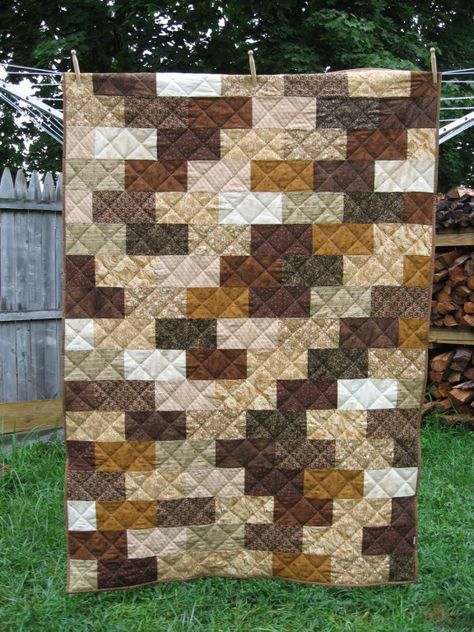 It all started with a 3 pound cotton assortment from Fabric.com that contained much more browns than I was ready for. I had no idea what to do with them. I was thinking about things outside that I … Wall Quilt Patterns, Flannel Quilts, Strip Quilts, The Brick, Wall Quilts, Rag Quilt, Scrappy Quilts, Free Quilting, Easy Quilts