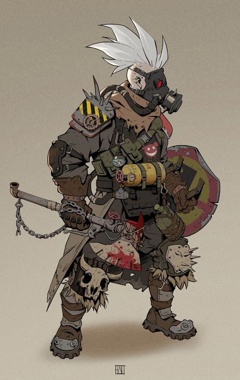 Apocalypse Armor Concept Art, Post Apoc Character Design, Scrap Punk Concept Art, Wastelander Character Design, Post Apocalypse Character Art, Wasteland Character Art, Postapocalyptic Concept Character, Post Apocalyptic Mechanic, Post Apocalyptic Art Character Concept