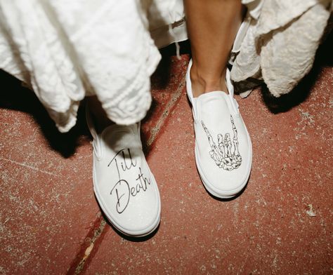 Wedding vans Short To Long Wedding Dress, Wedding Dress With Vans Shoes, Custom Wedding Vans, Bride And Groom Vans, Bride Vans Shoes, Engagement Accouncement, Tattoo At Wedding, Wedding Vans Shoes Brides, Vans Wedding Shoes The Bride