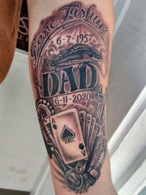 Memorial tattoo for my Dad who passed away. This tattoo represents some of the things he enjoyed doing and things that we did together. He was my best friend, a great mentor and father. He loved fishing, especially for walleye. We also played poker together and enjoyed working on cars and fixing or building things. I miss you and love you ole man Poker Memorial Tattoo, Passing Loved One Tattoo, Fishing In Heaven Tattoo, Tattoo Ideas For Loved Ones Who Passed For Men, Tattoos For Your Dad Who Passed, Tattoo Ideas For Dad Who Passed, Father Memorial Tattoo, Dad Tattoos For Men