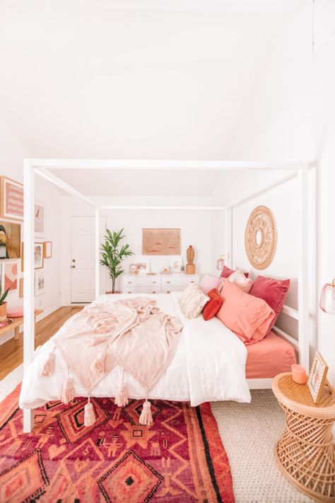 The Mindwelling: Our Master Bedroom Reveal! Bright Bedding Inspiration, Fun Coastal Bedroom, Neutral Room With Pop Of Color, Blush Pink Boho Bedroom, Statement Wall Bedroom, Modern Hippie Bedroom, Boho Pink Bedroom, Bright Boho Bedroom, Hawaii Apartment