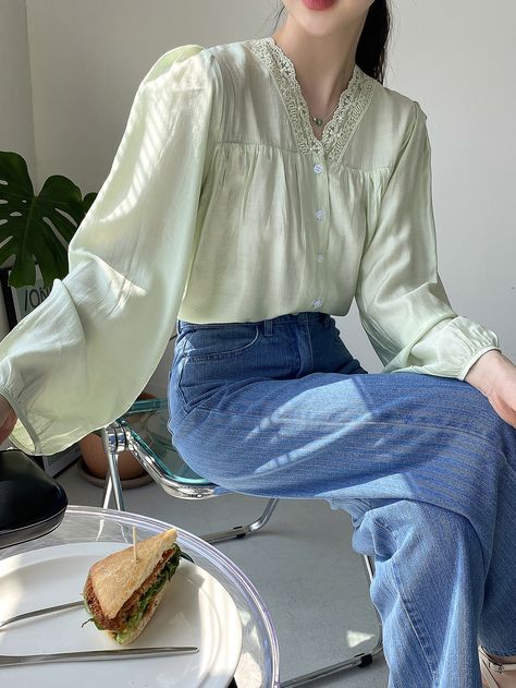 Mint Green Casual  Long Sleeve Rayon Plain Top Embellished Non-Stretch Spring/Summer Women Tops, Blouses & Tee Light Green Blouse Outfit, Green Blouse Outfit, Desi Wardrobe, Light Green Blouse, Lace Lanterns, Lantern Sleeved Blouses, Plain Tops, Women Blouses, Blouse Outfit