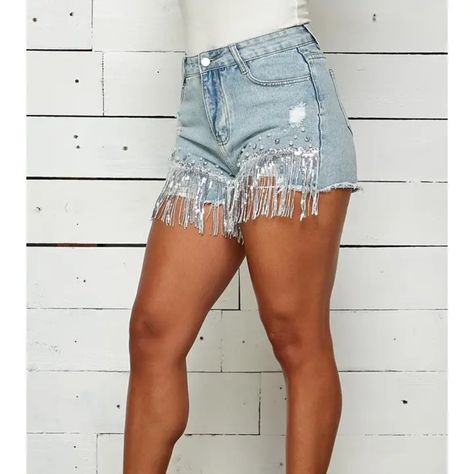 Michella Nwt Peals Detail With Sequins Fringe Denim Shorts Color Med Wash Denim 85% Cotton 13% Viscose 2% Spandex Floral Denim Shorts, Long Denim Shorts, Vintage Jean Shorts, White Flares, Abercrombie And Fitch Shorts, Stretch Denim Shorts, Studded Jeans, High Rise Denim Shorts, Floral Denim