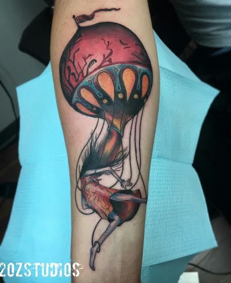 Incredible Circa Survive themed tattoo by Rebecca G. Original artwork by Esao Andrews. #12ozstudios #team12oz #tattoos #tattooartist #circasurvive #esaoandrews #music #punk #emo #bandtattoos #tattoosformen #tattoosforwomen Esao Andrews Tattoo, Circa Survive Tattoo, Esao Andrews, Hot Air Balloon Tattoo, Survival Tattoo, Air Balloon Tattoo, Circa Survive, Imogen Heap, Balloon Tattoo