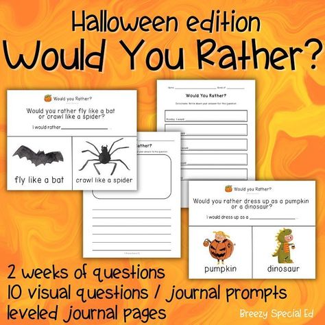 👻 Would You Rather Halloween Edition is ready to help you add some holiday fun to your classroom! 2 weeks of questions included! 🎃 Comment for the link Questions Journal, Halloween Questions, Halloween Writing Activities, Spider Pumpkin, Rather Questions, Halloween Writing, Would You Rather Questions, Drawing Writing, Sentence Starters