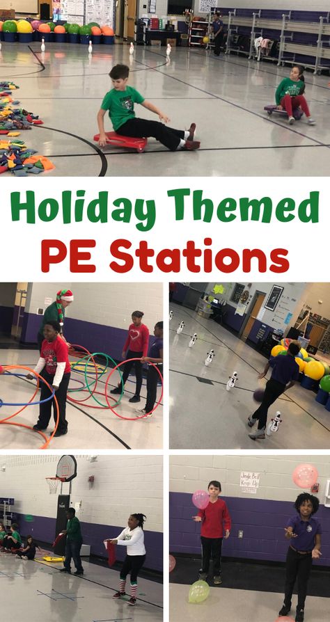 Christmas Themed Gym Games For Kids, Christmas Phys Ed Games, Christmas Active Games, Christmas Pe Stations, Winter Physical Activities For Kids, Holiday Gym Games, Pe Fitness Stations, Christmas Physical Education Games, Active Christmas Games For Kids