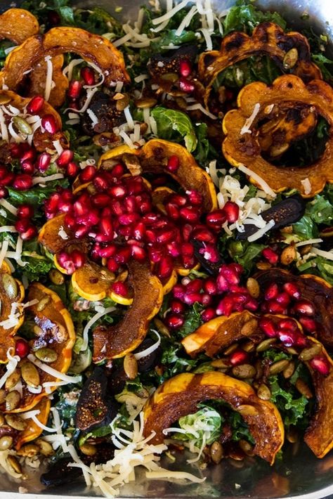 🥰This bright Fall Harvest Squash and Pomegranate Salad is the ideal choice for a Thanksgiving dinner or any occasion when you’re craving a delicious fall salad.🍁🍂🍁🍂 The honey-roasted squash combined with savory pepitas, shredded kale and brussels sprouts, pomegranate seeds and gouda cheese become the perfect backdrop to this warm pomegranate vinaigrette. It’s gorgeous to look at, mouth-watering to eat and easy to make! What more could you want?!🥰 Fall Couscous Salad, Fall Salads With Pomegranate, Brussels Sprout And Pomegranate Salad, Fall Salad Recipes Pomegranate, Fall Salad With Pomegranate Seeds, Kale Pomegranate Salad, Fall Harvest Roasted Butternut Squash And Pomegranate Salad, Squash Pomegranate Salad, Butternut Squash Pomegranate