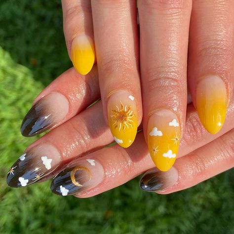 Sun Themed Nails, Night And Day Nails, Sunshine Nail Art Designs, Day And Night Nails, Sun Design On Nails, Nails Sun Design, Sun Manicure Ideas, Yellow Sun Nails Design, Sun Nails