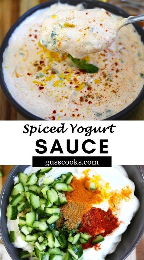 Spiced Yogurt Sauce—this Mediterranean Spiced Yogurt Sauce is creamy, fresh and very delicious. Made with yogurt, cucumber, spices, and topped with fresh mint and lemon zest. Mexican Yogurt Sauce, Spiced Yogurt Sauce, Indian Sauces Yogurt, Indian Yogurt Sauce, Spicy Yogurt Sauce, Yogurt Curry, Valentines 2024, Raita Recipe, Greek Yogurt Sauce