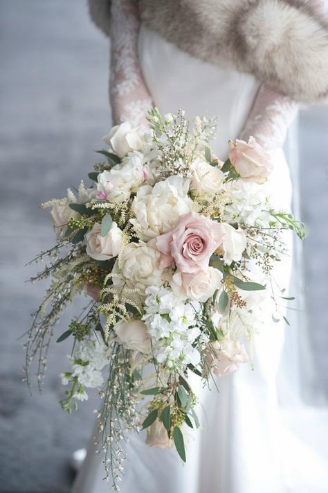 Winter Bride Inspiration - Connecticut in Style Vintage Bouquet Wedding, Cascading Bridal Bouquets, Pink And White Weddings, Cascading Wedding Bouquets, Winter Bouquet, Winter Wedding Colors, Bridal Bouquet Flowers, Spring Wedding Colors, Cascade Bouquet