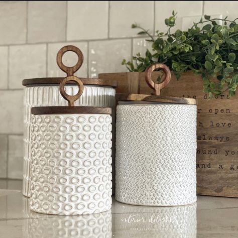 Interior Delights, Kitchen Entertaining, Kitchen Countertop Decor, Ceramic Canister Set, Circle Top, Ceramic Utensil Holder, Farmhouse Living Room Furniture, Countertop Decor, Metal Canisters