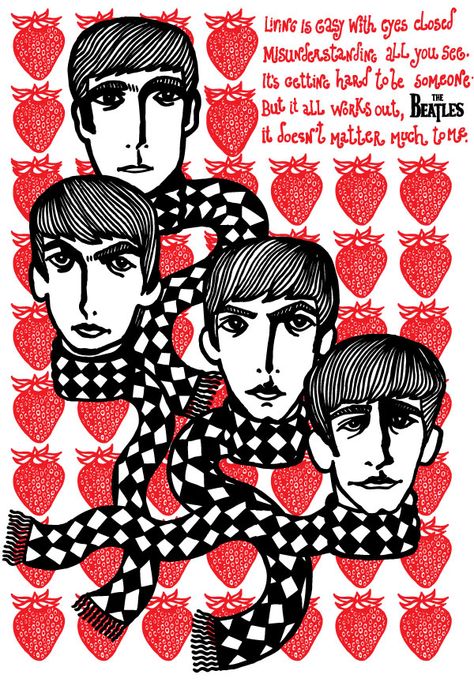 Strawberry-fields-forever George Harrison Strawberry Fields, Strawberry Screen Print, Funky Strawberry Art, Beatles Strawberry Fields Forever, Strawberry Fields Forever, Strawberry Fields, Lyric Prints, Forever Living Products, Colour Board