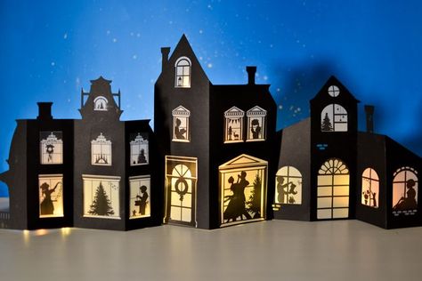 Silhouette Christmas Village with Printable Designs - Adventure in a Box #christmasvillage Christmas Village Silhouette, Village Silhouette, Christmas Village Sets, House Silhouette, Village Christmas, Diy Christmas Village, Silhouette Paper, Christmas Preparation, Christmas Village Houses